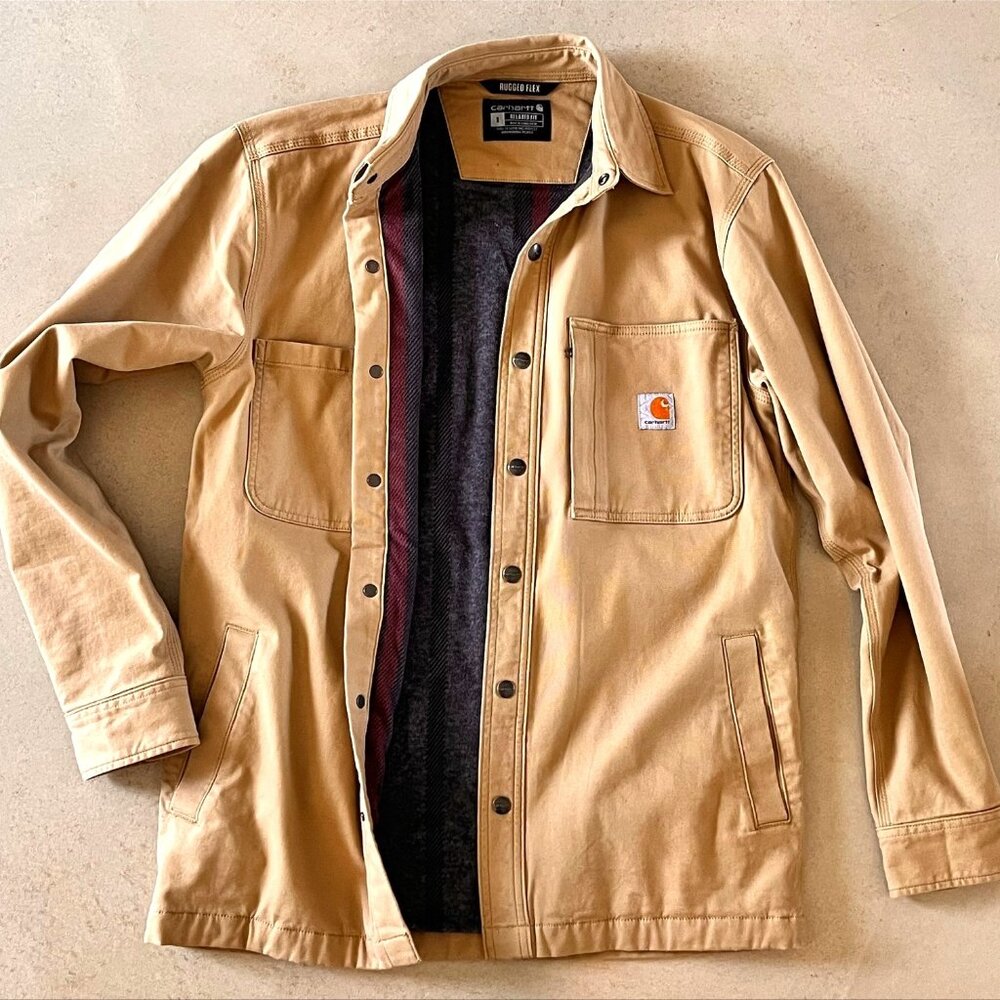 Rugged Flex® Relaxed Fit Canvas Fleece-Lined Snap-Front Shirt Jac - Small Khaki